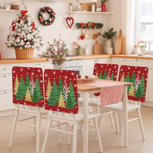 Christmas Tree Chair Back Covers Set of 6 Winter Snowflakes Stars Green Gold Tree Watercolor Red Bottom Washable Removable Chair Cover Slipcover Protector for Dining Room Hotel Party Holiday Decor