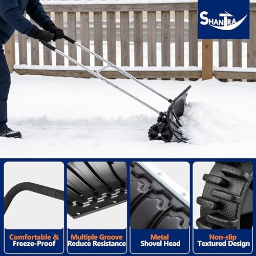 SHANTRA Snow Shovel with Wheels for Driveway, Heavy-Duty Snow Shovel Pusher with 26" x 13" Large Blade for Efficient Snow Removal, Adjustable Handle, U-Shaped Handle, Back Saver Snow Plow for Doorway