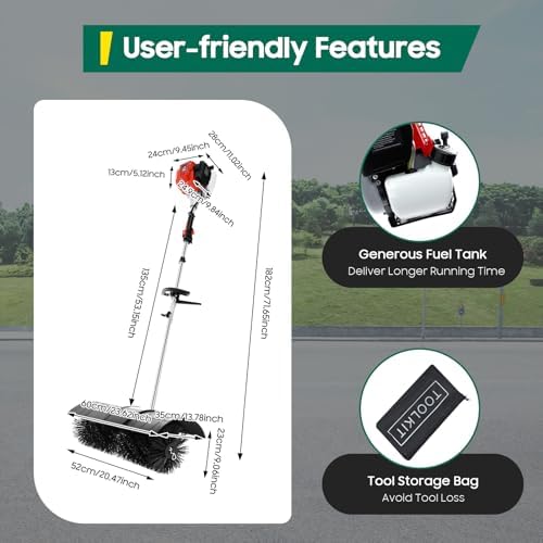 Handheld Backpack Gas Lawn Sweeper, 4-Stroke Low Noise Brush Broom with Shoulder Strap & Goggles, Snow Blower for Driveway, Yard, Artificial Grass, Leaves and Debris Cleanup