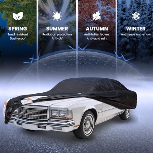 Multi-Layer Car Cover Custom Fit for Cadillac DeVille(1994-1999), 100% Waterproof All Weather for Automobiles, Gift with Towel, Heavy Duty Car Covers for Rain Sun UV Protection with Door Zipper.