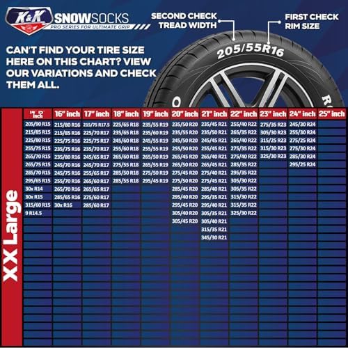 K&K Auto Snow Socks for Tires – Pro Series for Ultimate Grip Approved Snow Chain Alternative Traction Device – Tire Sock for SUV Van Pickup Truck – Winter Travel Accessory Emergency Kit – XXL (2pcs)