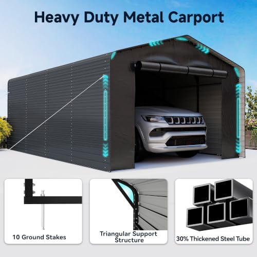 Real Relax 12x20 FT Metal Carport with Side Panels & PE Sidewalls, Gray