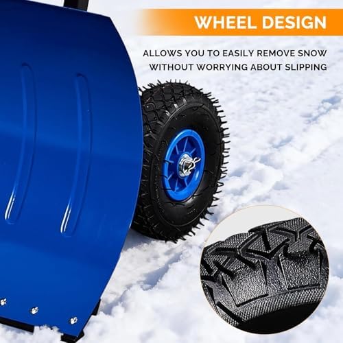 TUFFIOM Snow Pusher Shovel for Driveway with Wheels, 29"/39" Wide Heavy Duty Push Snow Plow Shovel, Wheeled Rolling Snow Shovels for Removal Adjustable Angle & Height Handle (Klein Blue(29 inch))