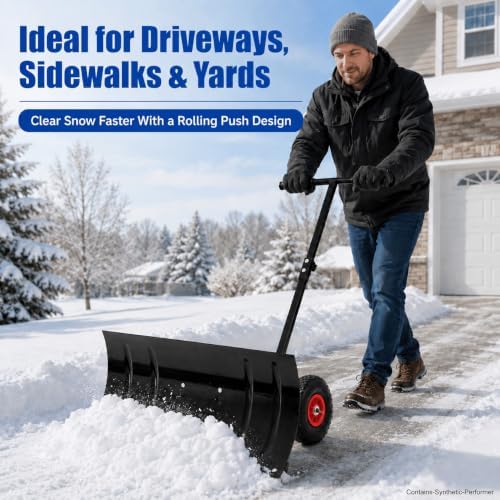29" Metal Snow Shovel with Wheels, Ergonomic Handle for Snow Removable