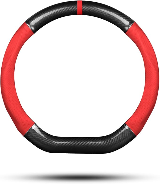 Ergocar Car Steering Wheel Cover Non-Slip Car Steering Wheel Protector Sport D-Shape Carbon Fiber & PU Leather Universal for Diameter 38cm(15") (Black-red-Stripe-U)