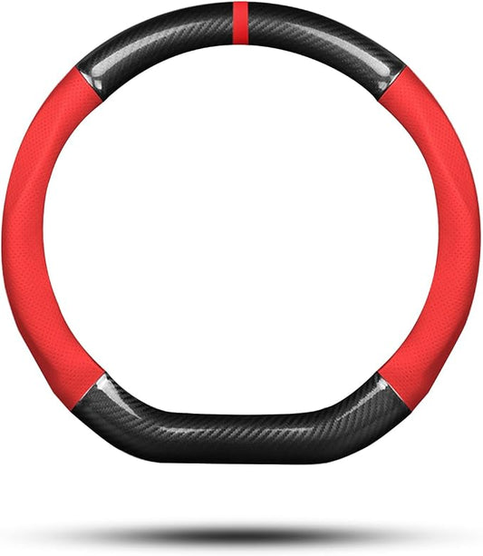 Ergocar Car Steering Wheel Cover Non-Slip Car Steering Wheel Protector Sport D-Shape Carbon Fiber & PU Leather Universal for Diameter 38cm(15") (Black-red-Stripe-U)