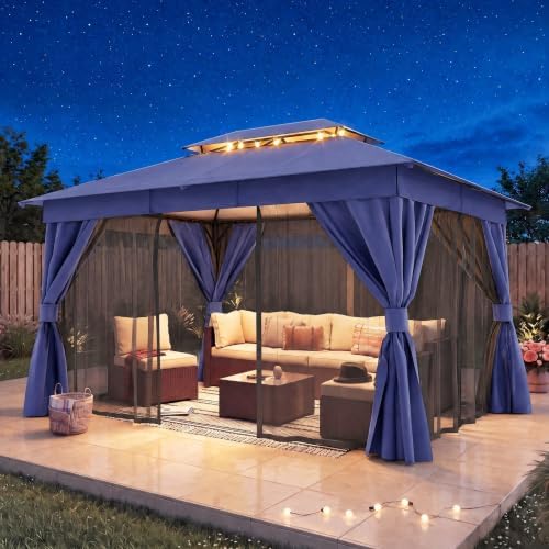 LAUSAINT HOME 10x12 Gazebo Canopy with Netting, Curtains & Double Roof