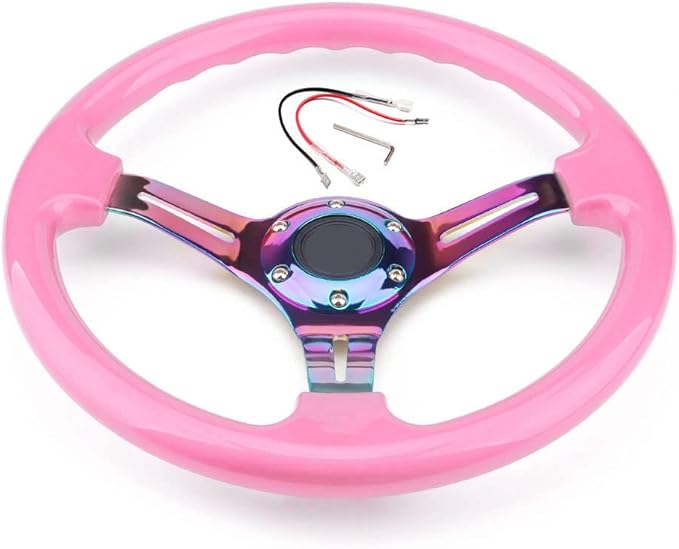 Classic Pink Racing Steering Wheel Neo Chrome Spoke 350mm 13.5" Deep Dish ABS Hard Wood Steering Wheel with Horn Button
