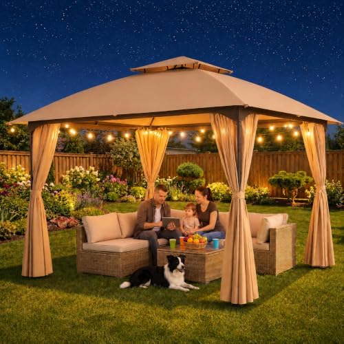 LAUSAINT HOME 10'x10' Patio Arc Gazebo, Outdoor Canopy Tent with Curved Roof Design, Double Tier Top, Privacy Curtains & Wind-Resistant Ropes, Backyard Garden Lawn, Khaki