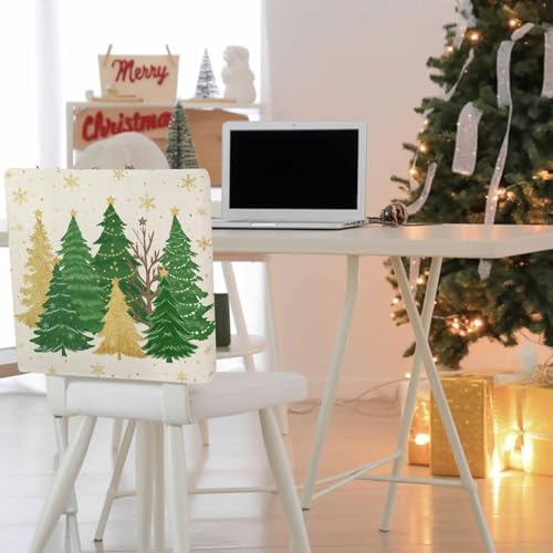 Christmas Tree Chair Back Covers Set of 8 Winter Snowflakes Green Gold Tree Star Linen Texture Washable Removable Chair Cover Slipcover Protector for Dining Room Hotel Party Holiday Decor