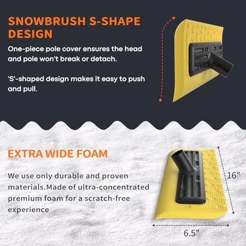 Never-Scratch SnowBuster,21-Foot Snow Roof Rake,EVA Soft Foam Pad Snow Removal Tool,Heavy-Duty Aluminum Handle,S-Shaped Push/Pull Design for House Roof,Solar Panels,Car Snow, and Leaves,Yellow