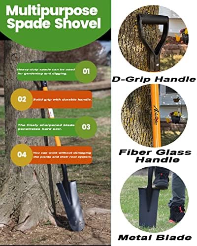 Ashman Drain Spade Shovel (Pack of 6) - 48-Inch Long D Handle Spade - Heavy Duty Handle with Thick Metal Blade - Premium Quality Orange Multi Purpose Shovel.