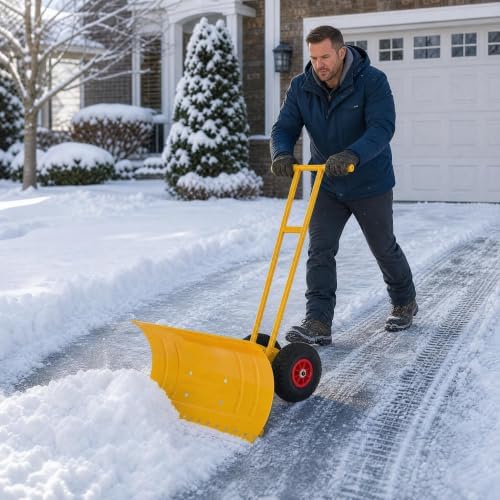 MAXSA 39" W Snow Shovel Pusher with Wheels for Driveway, Double Rod, Yellow