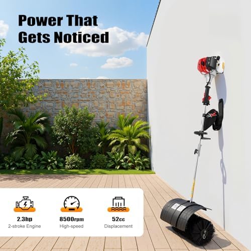 2-Stroke 2.3HP Gas Powered Leaf Blower & Lawn Sweeper, 52CC Handheld Backpack Sweeper with 20.47-Inch Brush, Shoulder Strap & Protective Cover, Snow Blower for Driveway Sidewalk Garden Debris Removal
