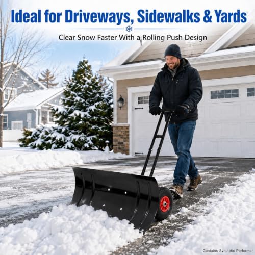 29" Metal Snow Shovel with Wheels, Ergonomic Handle for Snow Removable