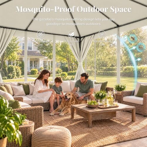 LAUSAINT HOME 12x12 Gazebo Canopy with Netting, Curtains & Double Roof