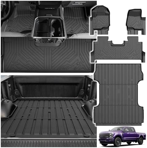 Powerty Floor Mats Truck Bed Mat (6.8FT) for 2017-2024 2025 2026 Ford F250/F350/F450 Super Duty Crew Cab All Weather 3D TPE Anti-Slip Protection, 1st & 2nd Row Set with Truck Bed Liner Accessories