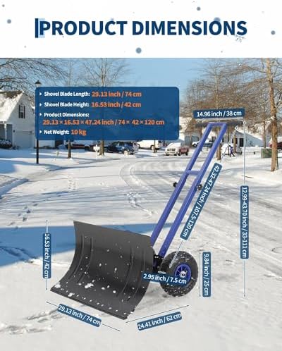 Snow Shovel with 29.13x16.53 in Wide Blade, Heavy Duty Rolling Snow Pusher