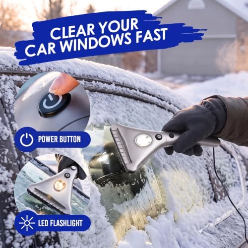 ZONETECH Heated Car Window Ice/Snow Scraper Extendable Auto Windshield Heated Scraper with LED Light,12V Electric Heating, Car Ice & Snow Removal Tool Stocking Stuffer (Silver, 1-Pack)