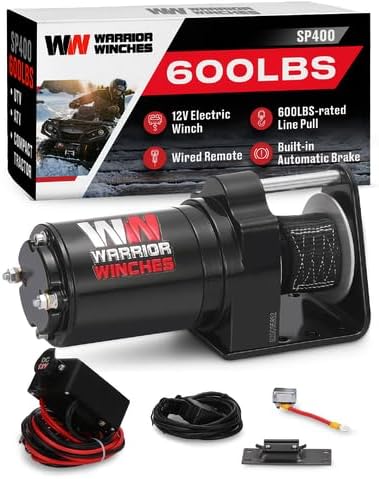 Warrior Winches 12V Electric Snow Plow Winch, 600 lbs Line Pull, Automatic Brake, Weather-Resistant, Heavy Duty Portable Mounted ATV UTV Truck Car Trailer & Accessories for Winter Season, Snow Removal