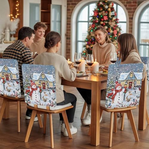 Christmas Snowman Chair Back Covers Set of 6 Xmas Tree Farmhouse Snowflake Washable Removable Chair Cover Slipcover Protector for Dining Room Hotel Party Holiday Decor