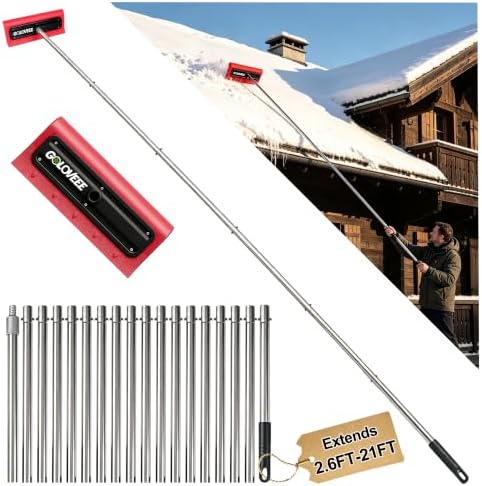 Snow Roof Rake Brush, Adjustable Up to 21FT Aluminum Roof Snow Removal Tool