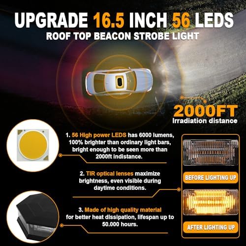 ASPL 16.5 Inch Roof Top Beacon Warning Strobe Light for Trucks Amber White