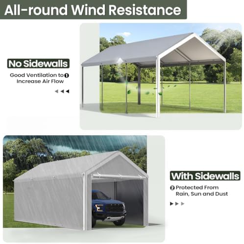 10x20 Carport with Sidewalls, Portable Garage Canopy for Truck Boat Storage