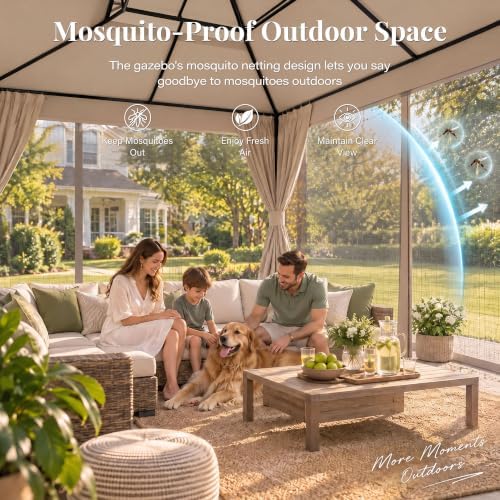 LAUSAINT HOME 10x12 Gazebo Canopy with Netting, Curtains & Double Roof