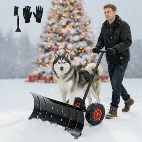 Cinnvoice 29" Snow Pusher Shovel with Wheels, Heavy Duty Adjustable Angle Metal Rolling Wheeled Snow Pusher Removal, Plow Shovel on Wheels for Driveway, Sideway, Walkway, Yard, Garage, Snowy Ways
