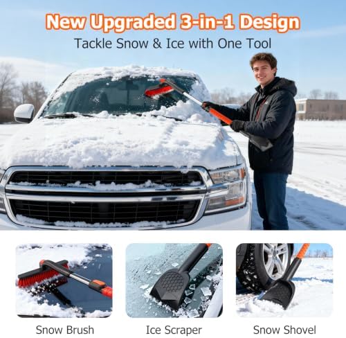 DMJN [2026 Upgrade Extendable Car Snow Brush and Ice Scraper [3-in-1] Clean Snow, Ice and Frost, 45''Adjustable Length with 360° Rotating Brush Head, Suitable for All Cars-Medium