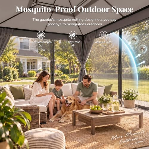 LAUSAINT HOME 10x12 Gazebo with Lights, Netting, Curtains & Double Roof