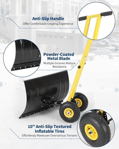 Snow Shovel with 29.13x19.8 in Wide Blade, Heavy Duty Rolling Snow Pusher
