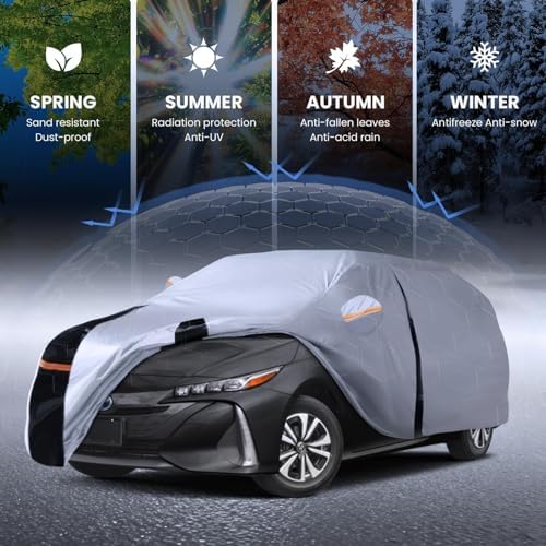 Multi-Layer Car Cover Custom Fit for Toyota Prius(2011-2026), 100% Waterproof All Weather for Automobiles, Gift with Towel, Heavy Duty Car Covers for Rain Sun UV Protection with Door Zipper