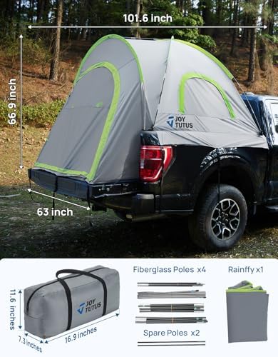 JOYTUTUS Pickup Truck Tent 6.5ft 2.0, Waterproof PU2000mm Double Layer for 2 Person, Portable Truck Bed Tent with Rainfly - Green