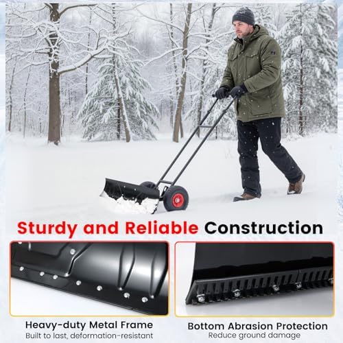 Goplus 36” Wide Snow Pusher, Heavy-Duty Metal Snow Shovel with Wheels