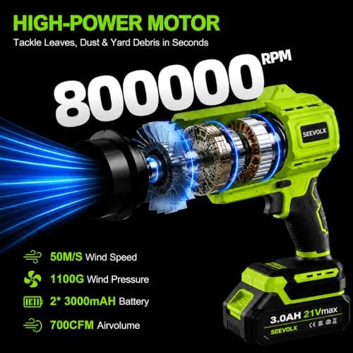SEEVOLX Cordless Leaf Blower with 21V 3.0Ah Battery & Charger, 700 CFM Lightweight Handheld Blower, 800,000 RPM, 50+ m/s for Lawn, Patio, Leaves, Dust & Car Drying, Emerald Green
