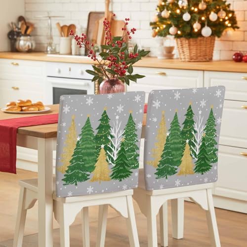 Christmas Tree Chair Back Covers Set of 6 Winter Snowflakes Stars Green Gold Tree Grey Bottom Washable Removable Chair Cover Slipcover Protector for Dining Room Hotel Party Holiday Decor