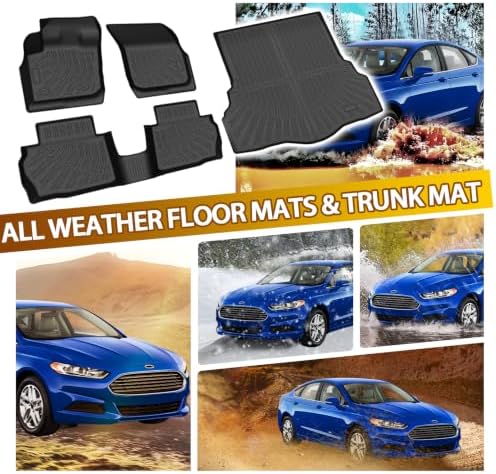 Powerty Floor Mats Cargo Liner for Ford Fusion Gas S/SE/Titanium Model 2013-2016(Not for Hybrid) All Weather 3D TPE Anti-Slip Car Protection, 1st & 2nd Row Set with Rear Cargo Mat Accessories