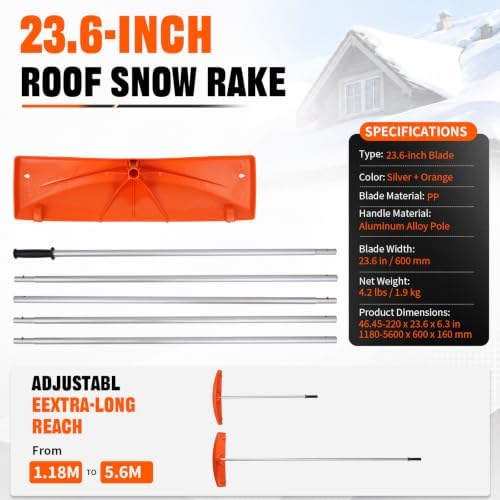 Outvita 18.4FT Snow Roof Rake, 24 in PP Plastic Blade with Wheels, Orange