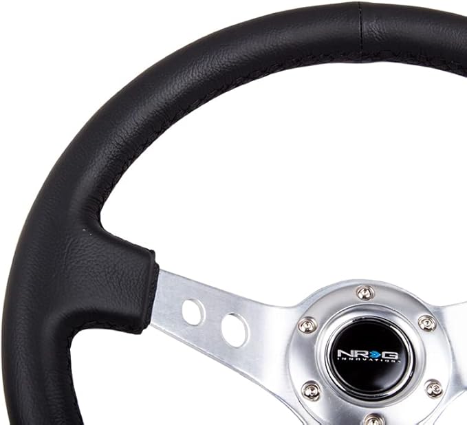 NRG Innovations NRG-RST-006SL Reinforced Steering Wheel 350mm Sport Steering Wheel (3" Deep), Silver Spoke with Round Holes, Black Leather