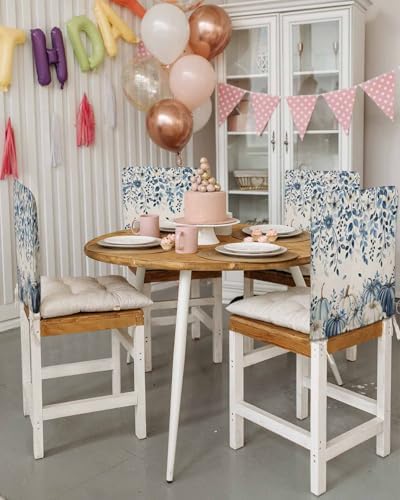 Blue Pumpkin Chair Back Covers Set of 8 Thanksgiving Fall Eucalyptus Leaf Floral Linen Washable Removable Chair Cover Slipcover Protector for Dining Room Hotel Party Holiday Decor