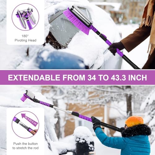 3 in 1 Snow Brush with Ice Scraper for Car Windshield Extendable, SUV Snow Removal with Squeegee Heavy Duty, 180° Rotating Head Car Window Cleaner for Winter 43 inch