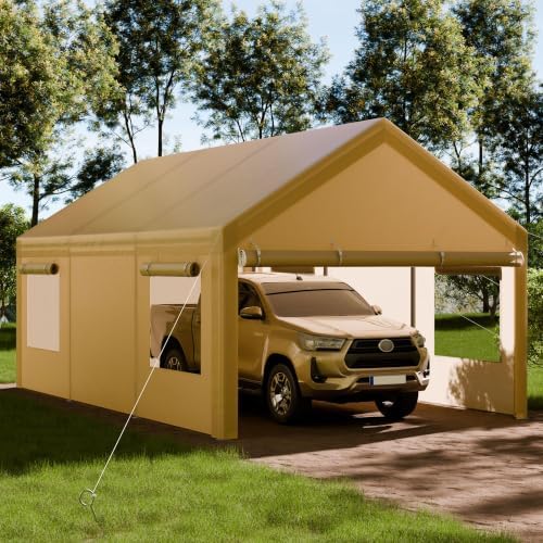 Shintenchi Portable Garage Canopy,12x20 FT Heavy-Duty Design Carport,Carport Canopy with Side-Opening Removable Door & Roll-Up Window,Portable Car Port for Car, Truck, Boat,Khaki