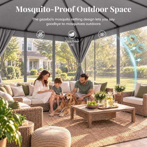 LAUSAINT HOME 12x12 Gazebo Canopy with Netting, Curtains & Double Roof