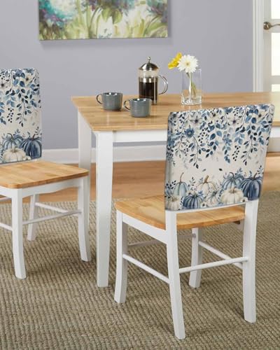 Blue Pumpkin Chair Back Covers Set of 8 Thanksgiving Fall Eucalyptus Leaf Floral Linen Washable Removable Chair Cover Slipcover Protector for Dining Room Hotel Party Holiday Decor