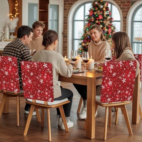 Christmas Chair Back Covers Set of 6 Winter Red Snowflakes Shinny White Stars Retro Washable Removable Chair Cover Slipcover Protector for Dining Room Hotel Party Holiday Decor