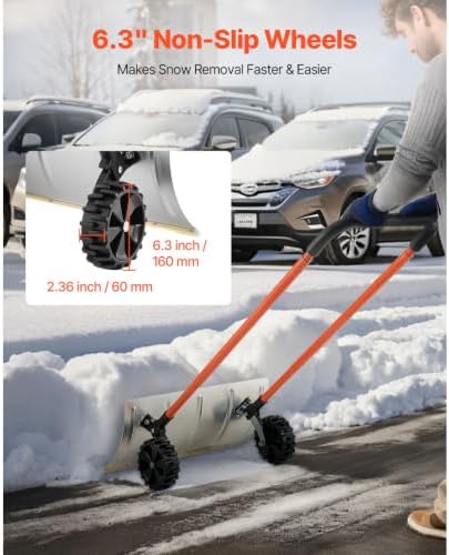 Snow Pusher Shovel with Wheels, 24-Inch Metal Plow for Driveways