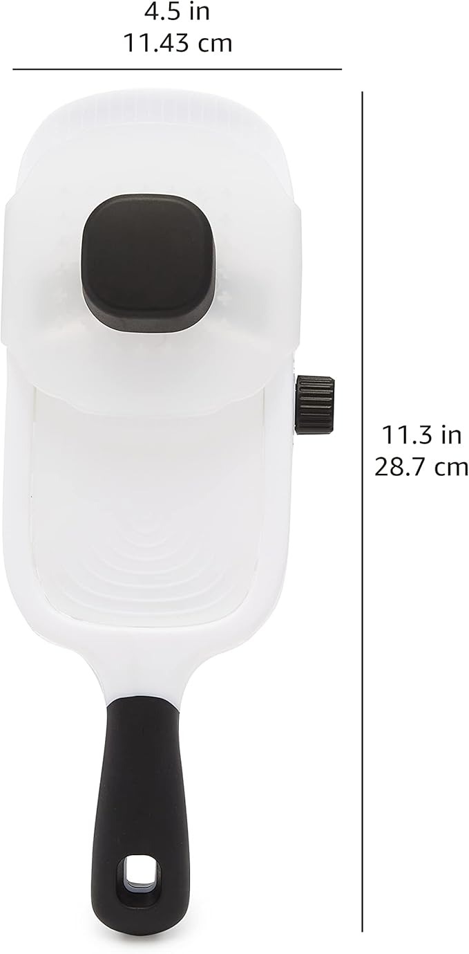 Amazon Basics Hand-held Safe Mandoline Slicer for Vegetables and Fruits, Adjustable Thickness, Stainless Steel Blade, White, 11.3" x 4.5" x 2.5"