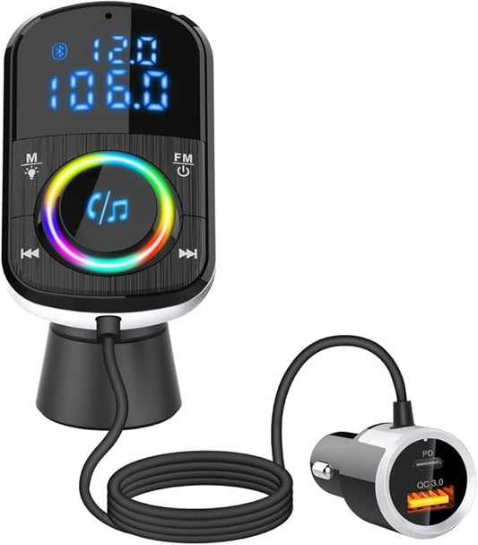 Bluetooth FM Transmitter for Car, Bluetooth para Carro/Audio Adapter with Dual Car Charger, Support Dual Display Digital Colorful Lights TF Card